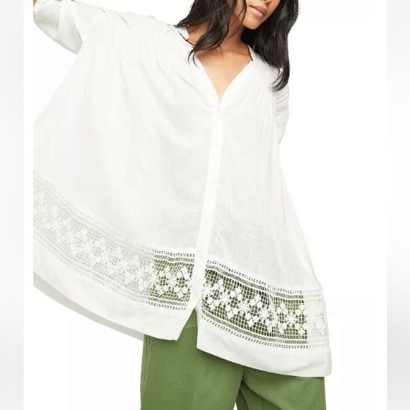 Free People Tops - FREE PEOPLE Green Garden White Oversized Tunic Lace Edge Hem Lightly Sheer Top